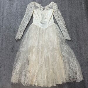 Vtg 50's Maurer Wedding Dress Ivory Lace Long Sleeves Sweetheart A Line XS